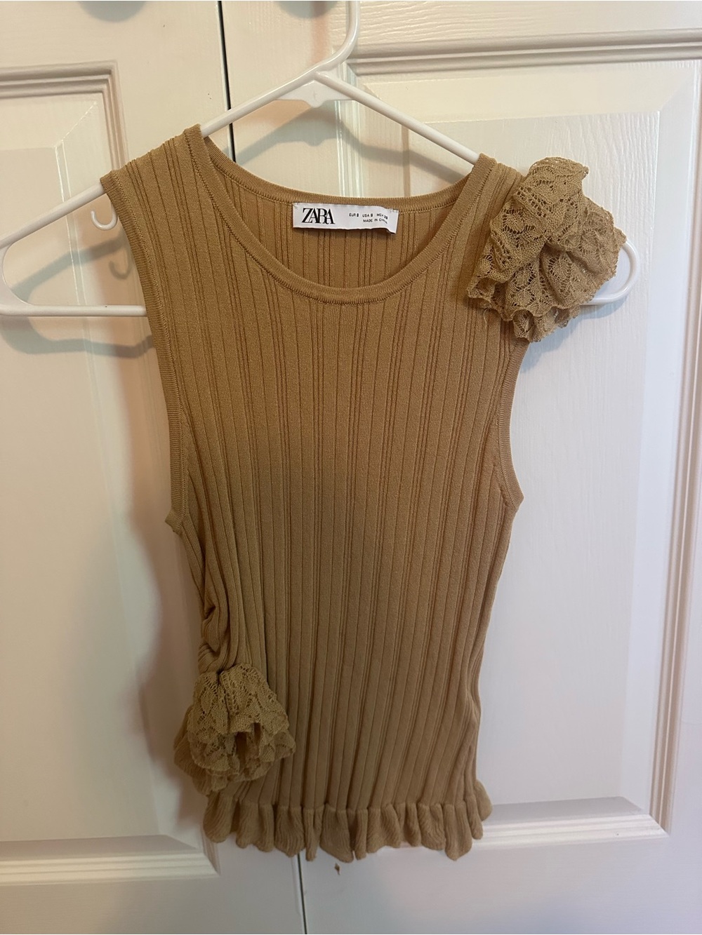 Zara Tan Ribbed Tank with Lace Rosette Accents